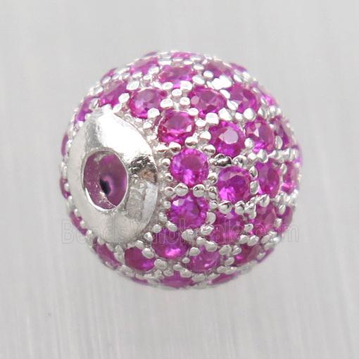 round Sterling Silver beads paved hotpink zircon, platinum plated
