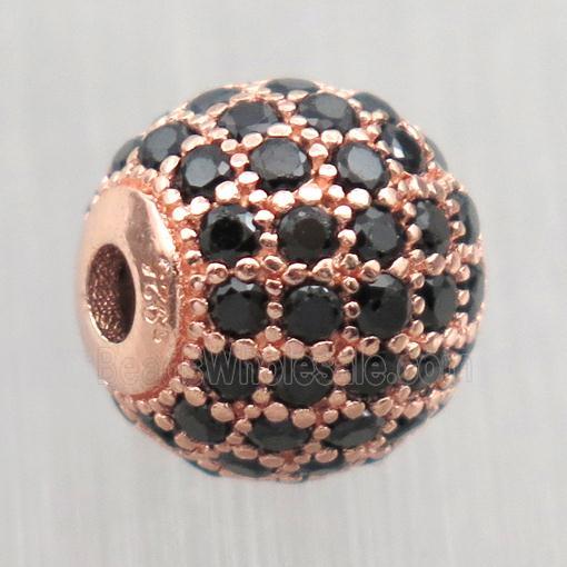 round Sterling Silver beads paved black zircon, rose gold