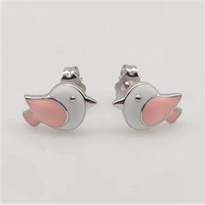 sterling silver birds Earring studs, pink enamel, approx 8-12mm [925ER25]
