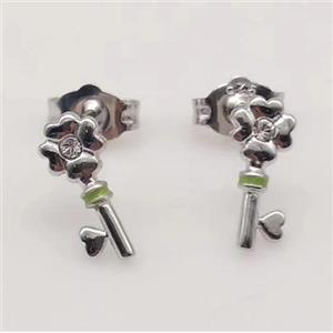 sterling silver Earring studs, key charm, enamel, approx 8-12mm [925ER27]