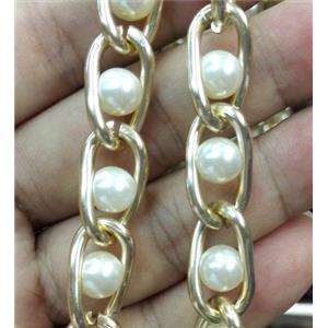 Aluminium Chain with glass pearl bead, gold plated, approx 10-16mm, 8mm glass pearl [CHALJ2000]