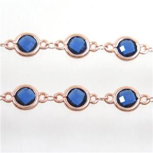 copper chain with blue Chinese crystal glass, rose gold, approx 8mm dia [CHCL126]