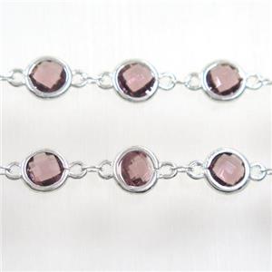 copper chain with lt.purple Chinese crystal glass, silver plated, approx 8mm dia [CHCL135]
