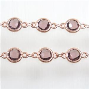 copper chain with lt.purple Chinese crystal glass, rose gold, approx 8mm dia [CHCL136]
