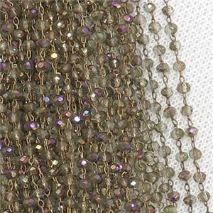 raw brass chain with smoky rainbow crystal glass, approx 2x3mm [CHCL286]
