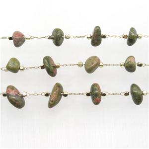 Unakite chip bead chain, gold plated, approx 5-10mm [CHCL325]