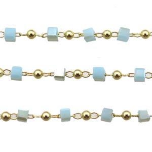 copper chain with blue crystal glass cube beads, gold plated, approx 2.5mm [CHCL335]