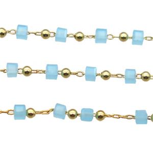 copper chain with blue crystal glass cube beads, gold plated, approx 2.5mm [CHCL336]