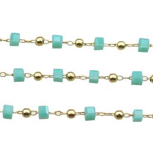 copper chain with green crystal glass cube beads, gold plated, approx 2.5mm [CHCL337]