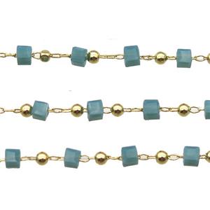 copper chain with green crystal glass cube beads, gold plated, approx 2.5mm [CHCL338]