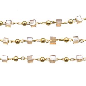 copper chain with crystal glass cube beads, gold plated, approx 2.5mm [CHCL339]