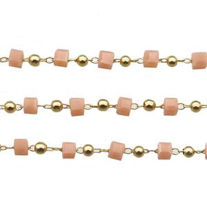 copper chain with peach crystal glass cube beads, gold plated, approx 2.5mm [CHCL340]
