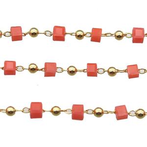 copper chain with red crystal glass cube beads, gold plated, approx 2.5mm [CHCL341]