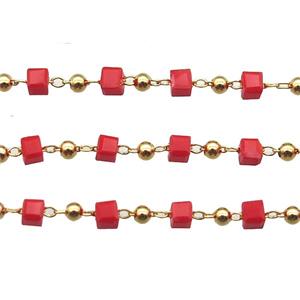 copper chain with red crystal glass cube beads, gold plated, approx 2.5mm [CHCL342]