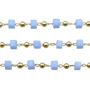 copper chain with blue crystal glass cube beads, gold plated, approx 2.5mm [CHCL345]