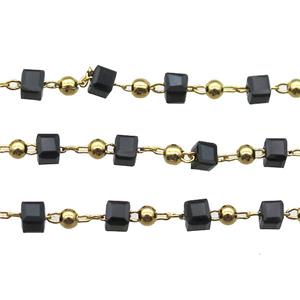 copper chain with black crystal glass cube beads, gold plated, approx 2.5mm [CHCL346]