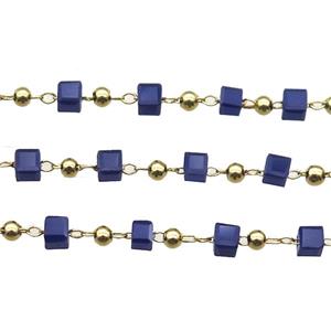 copper chain with blue crystal glass cube beads, gold plated, approx 2.5mm [CHCL347]