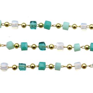 copper chain with crystal glass cube beads, gold plated, approx 2.5mm [CHCL348]