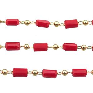 copper chain with red crystal glass beads, tube, gold plated, approx 2.5x5mm [CHCL361]
