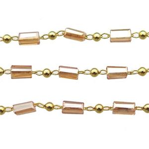 copper chain with champagne crystal glass beads, tube, gold plated, approx 2.5x5mm [CHCL364]