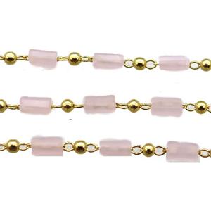 copper chain with pink crystal glass beads, tube, gold plated, approx 2.5x5mm [CHCL365]