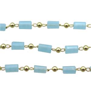 copper chain with blue crystal glass beads, tube, gold plated, approx 2.5x5mm [CHCL367]