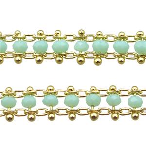 copper chain with crystal glass bead, tube, gold plated, approx 3mm, 6mm wide [CHCL374]