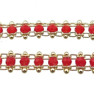 copper chain with red crystal glass beads, tube, gold plated, approx 3mm, 6mm wide [CHCL375]