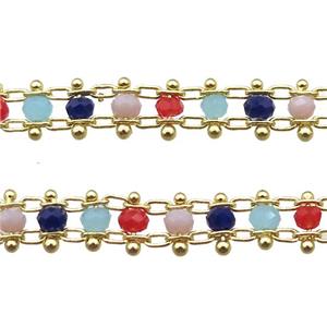 copper chain with crystal glass beads, tube, gold plated, approx 3mm, 6mm wide [CHCL376]