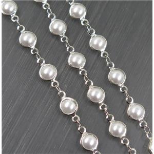 Copper Chain With White Pearlized Glass Platinum Plated, approx 7mm dia [CHCL96]