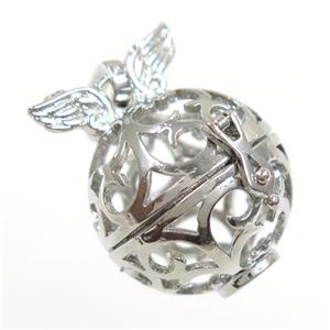 copper locket pendant, angel wing, platinum plated, approx 22mm dia [FD10429]