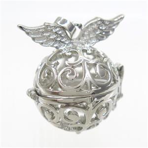 copper locket pendant, angel wing, platinum plated, approx 22mm dia [FD10430]