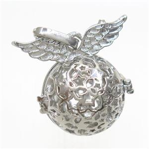 copper locket pendant, angel wing, platinum plated, approx 22mm dia [FD10431]