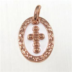 copper oval cross pendants, enamel, rose plated, approx 9-12mm [FD10451]