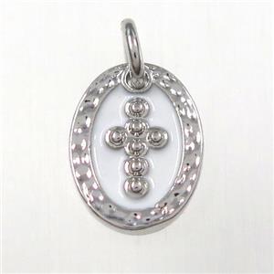 copper oval cross pendants, enamel, platinum plated, approx 9-12mm [FD10453]