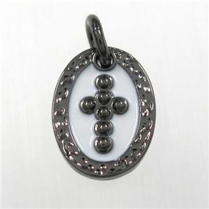 copper oval cross pendants, enamel, black plated, approx 9-12mm [FD10454]