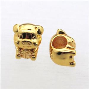 European Style copper Zodiac Pig beads, gold plated, approx 10mm, 5mm hole [FD10541]