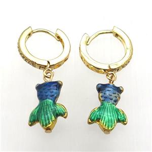 copper hoop earring paved zircon painted goldfish, gold plated, approx 10-14mm, 14mm dia [FD10557]