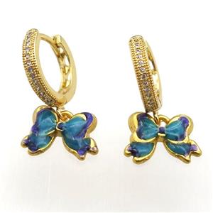 copper hoop earring paved zircon with enameling butterfly, gold plated, approx 10-14mm, 14mm dia [FD10559]