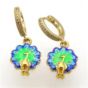 copper hoop earring paved zircon with enameling peacock, gold plated, approx 15-17mm, 14mm dia [FD10561]