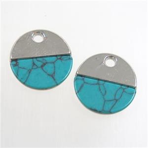 colorfast copper pendant paved turquoise, circle, platinum plated, approx 15mm dia [FD345]