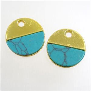 colorfast copper pendant paved turquoise, circle, gold plated, approx 15mm dia [FD347]