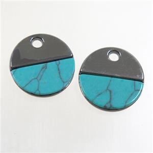 colorfast copper pendant paved turquoise, circle, black plated, approx 15mm dia [FD348]