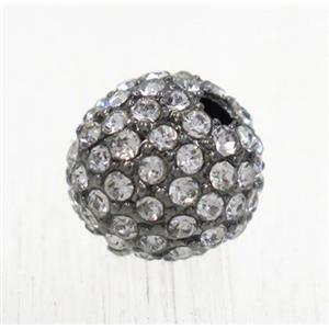 round Alloy beads with white rhinestone, gunmetal, black plated, approx 12mm dia [FDSTYA2188-12MM]