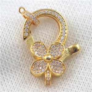 copper Lobster Clasp paved zircon, clover, gold plated, approx 20-30mm [FDZN1018]