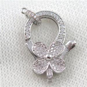 copper Lobster Clasp paved zircon, clover, platinum plated, approx 20-30mm [FDZN1019]