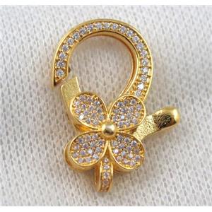 copper Lobster Clasp paved zircon, clover, gold plated, approx 20-30mm [FDZN1022]