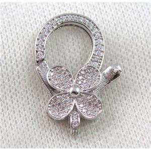 copper Lobster Clasp paved zircon, clover, platinum plated, approx 20-30mm [FDZN1023]