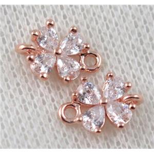 copper clover connector paved zircon, rose gold, approx 8x10mm [FDZN1032]