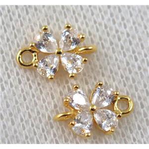 copper clover connector paved zircon, gold plated, approx 8x10mm [FDZN1034]